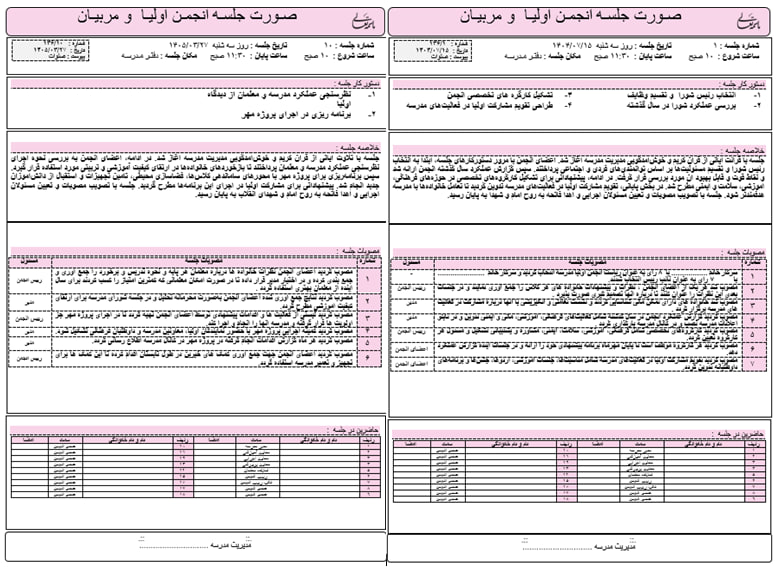 صورتجلسات انجمن اولیا و مربیان ابتدایی سال تحصیلی 1402-1401
